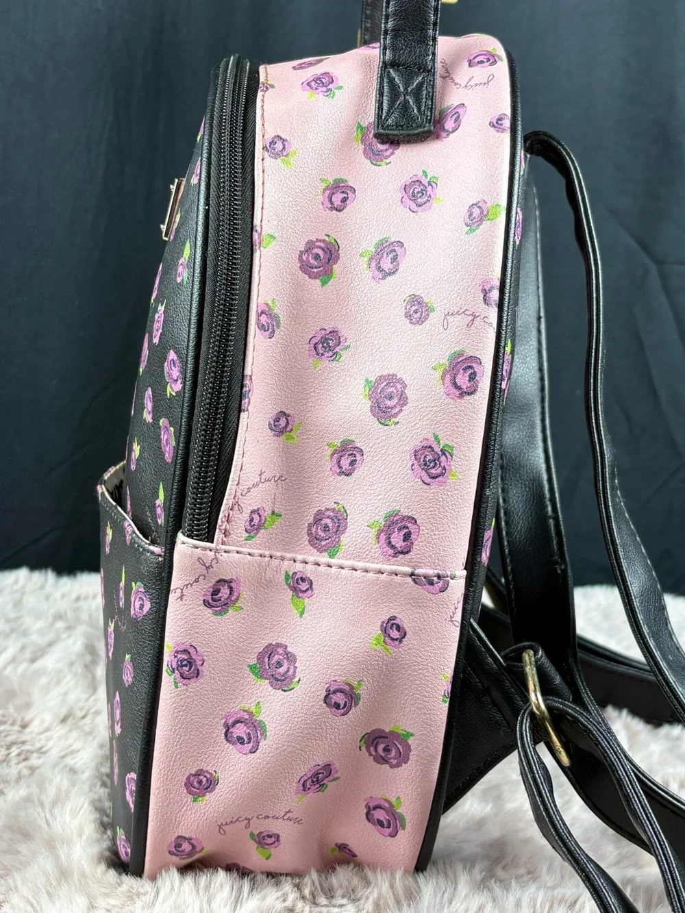 Juicy Couture Black Pink Rose Floral Mini Backpack